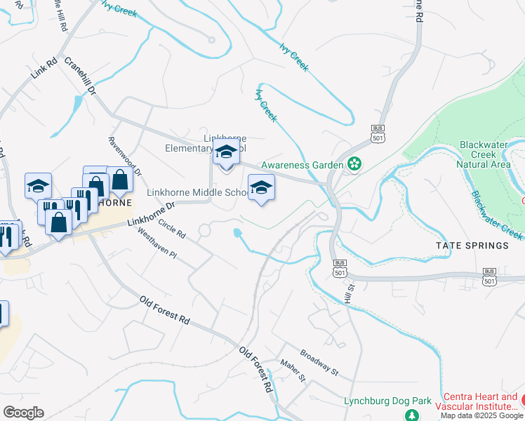 map of restaurants, bars, coffee shops, grocery stores, and more near 2525 Linkhorne Drive in Lynchburg