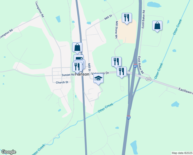 map of restaurants, bars, coffee shops, grocery stores, and more near 121 Eastlawn Road in Hanson