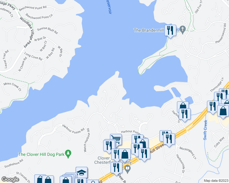 map of restaurants, bars, coffee shops, grocery stores, and more near 5614 Promontory Pointe Road in Midlothian