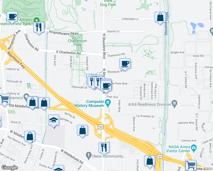 map of restaurants, bars, coffee shops, grocery stores, and more near 1625 North Shoreline Boulevard in Mountain View