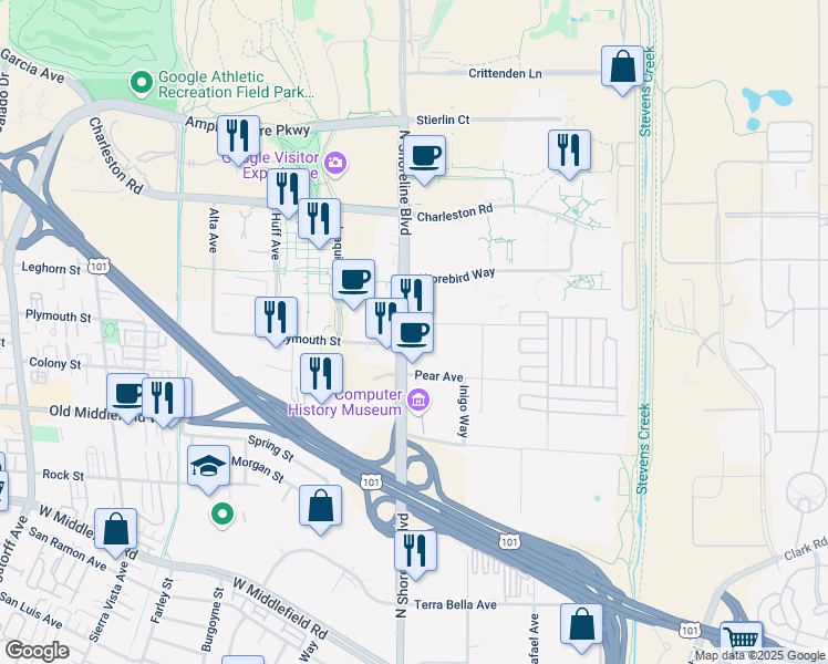 map of restaurants, bars, coffee shops, grocery stores, and more near 1625 North Shoreline Boulevard in Mountain View