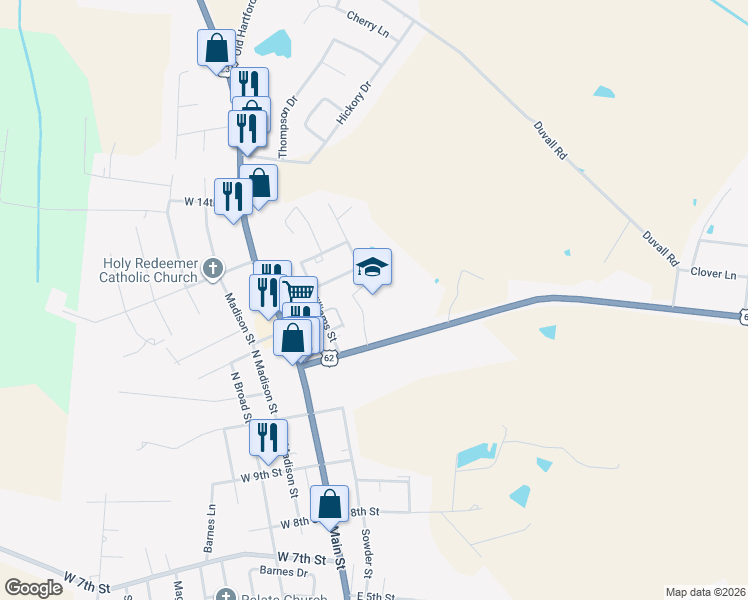 map of restaurants, bars, coffee shops, grocery stores, and more near 183 U.S. 62 in Beaver Dam