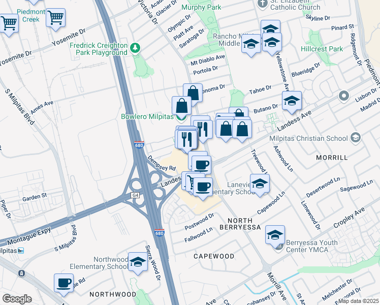 map of restaurants, bars, coffee shops, grocery stores, and more near 1535 Landess Avenue in Milpitas