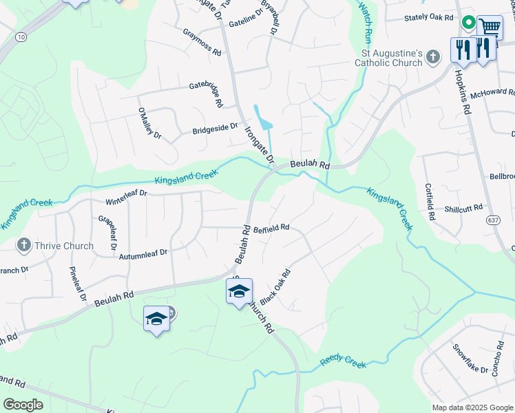 map of restaurants, bars, coffee shops, grocery stores, and more near 5101 Beulah Road in Richmond