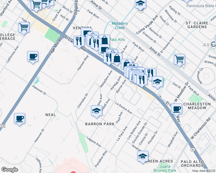 map of restaurants, bars, coffee shops, grocery stores, and more near 580 Matadero Avenue in Palo Alto