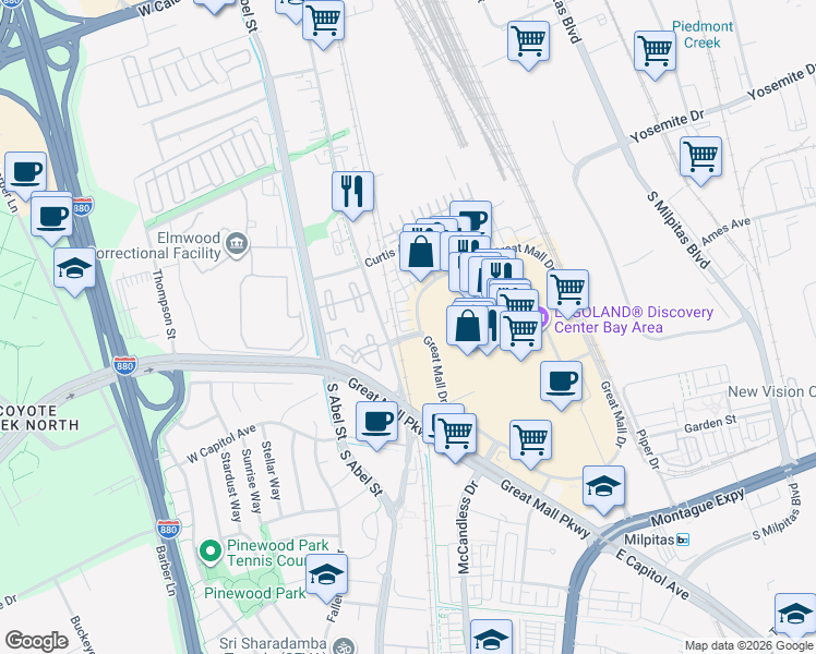 map of restaurants, bars, coffee shops, grocery stores, and more near 37 Rain Walk in Milpitas
