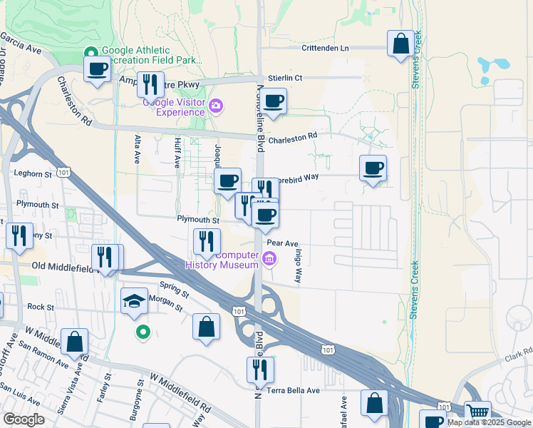 map of restaurants, bars, coffee shops, grocery stores, and more near 1675 North Shoreline Boulevard in Mountain View
