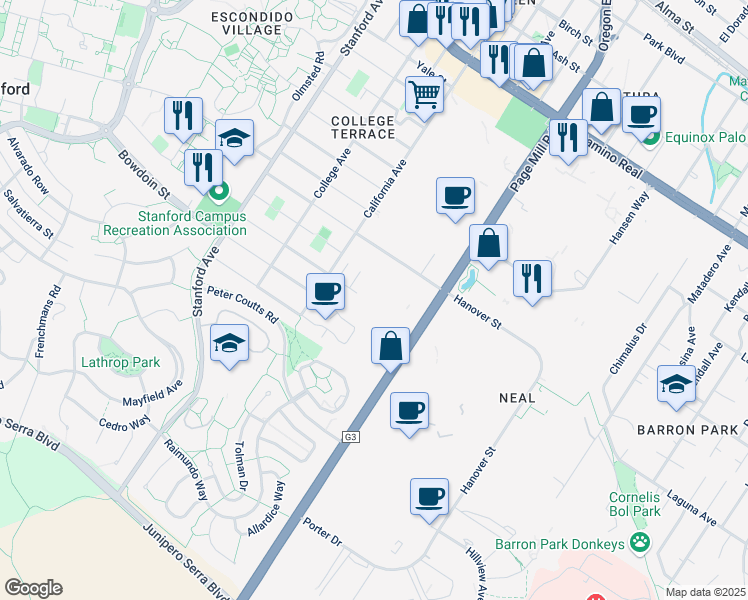 map of restaurants, bars, coffee shops, grocery stores, and more near 2550 Hanover Street in Palo Alto