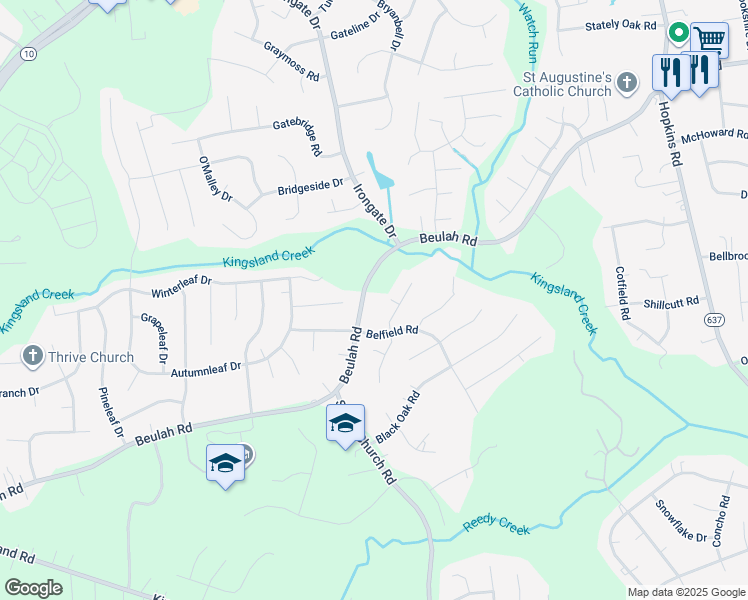 map of restaurants, bars, coffee shops, grocery stores, and more near 5101 Beulah Road in Richmond