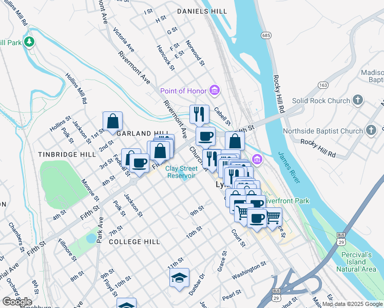 map of restaurants, bars, coffee shops, grocery stores, and more near 503 Church Street in Lynchburg