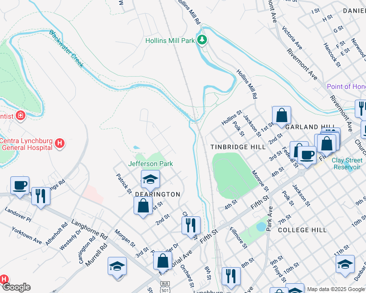 map of restaurants, bars, coffee shops, grocery stores, and more near 300 Maury Street in Lynchburg