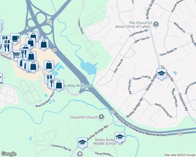 map of restaurants, bars, coffee shops, grocery stores, and more near 5112 Twelveoaks Road in Midlothian