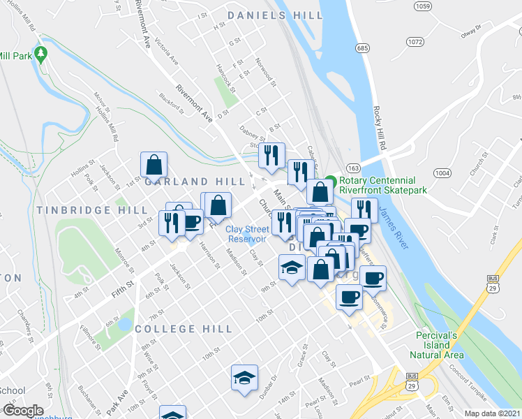 map of restaurants, bars, coffee shops, grocery stores, and more near 519 Church Street in Lynchburg