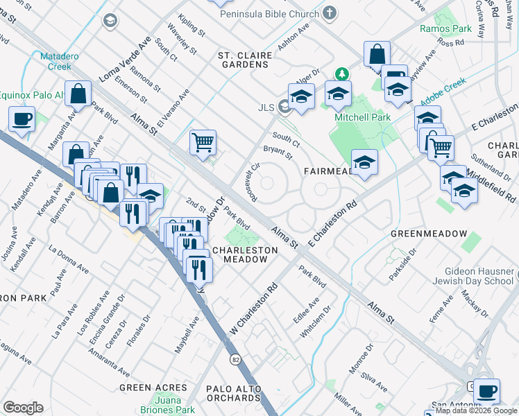 map of restaurants, bars, coffee shops, grocery stores, and more near 26 Roosevelt Circle in Palo Alto