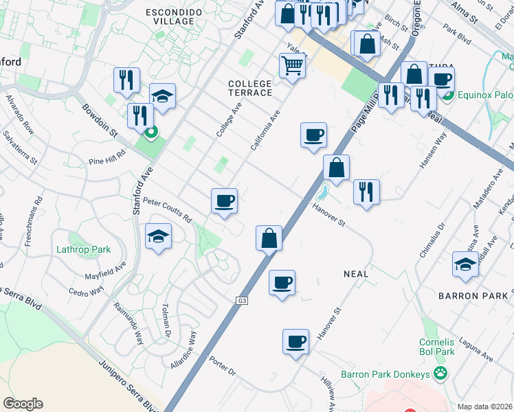map of restaurants, bars, coffee shops, grocery stores, and more near 2550 Hanover Street in Palo Alto