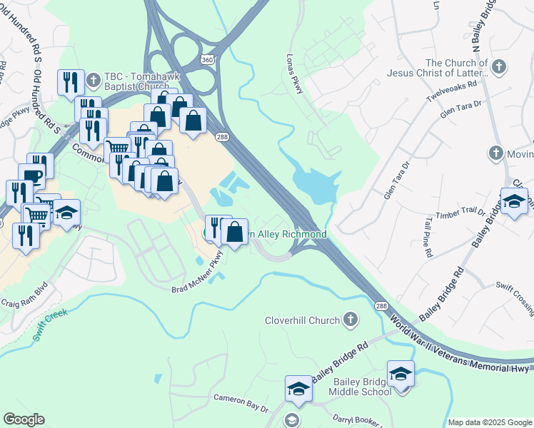 map of restaurants, bars, coffee shops, grocery stores, and more near World War II Veterans Memorial Highway in Midlothian