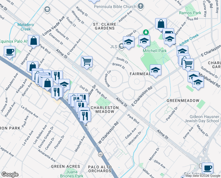 map of restaurants, bars, coffee shops, grocery stores, and more near 26 Roosevelt Circle in Palo Alto