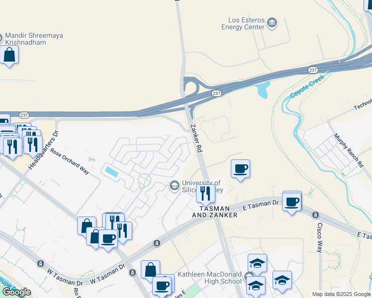 map of restaurants, bars, coffee shops, grocery stores, and more near 777 Spindrift Place in San Jose