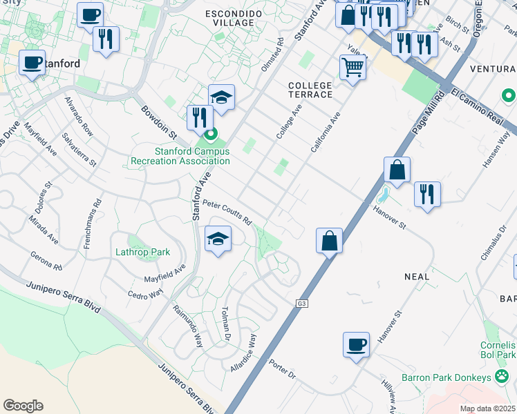 map of restaurants, bars, coffee shops, grocery stores, and more near 2321 Amherst Street in Palo Alto