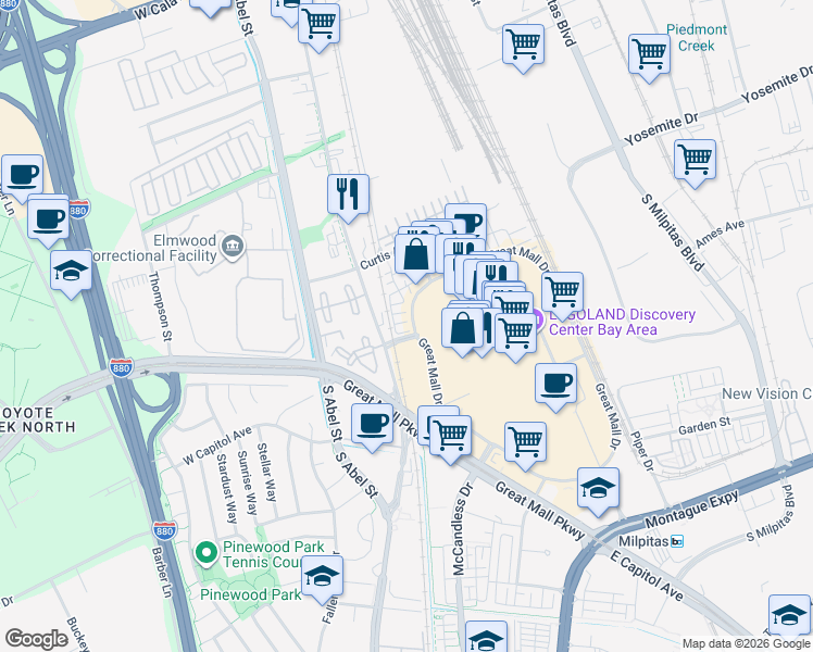 map of restaurants, bars, coffee shops, grocery stores, and more near 37 Rain Walk in Milpitas