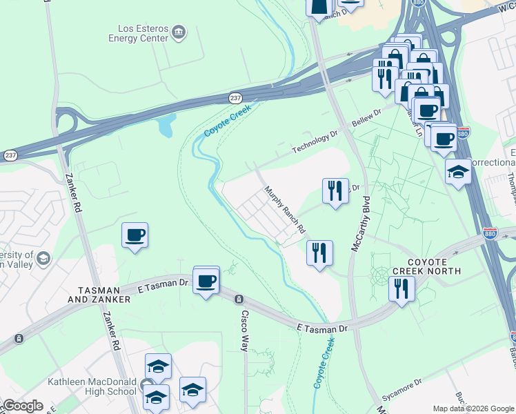map of restaurants, bars, coffee shops, grocery stores, and more near 1216 Creekside Way in Milpitas