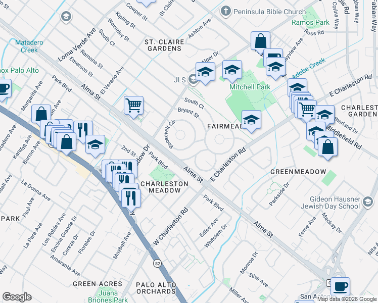 map of restaurants, bars, coffee shops, grocery stores, and more near 8 Roosevelt Circle in Palo Alto