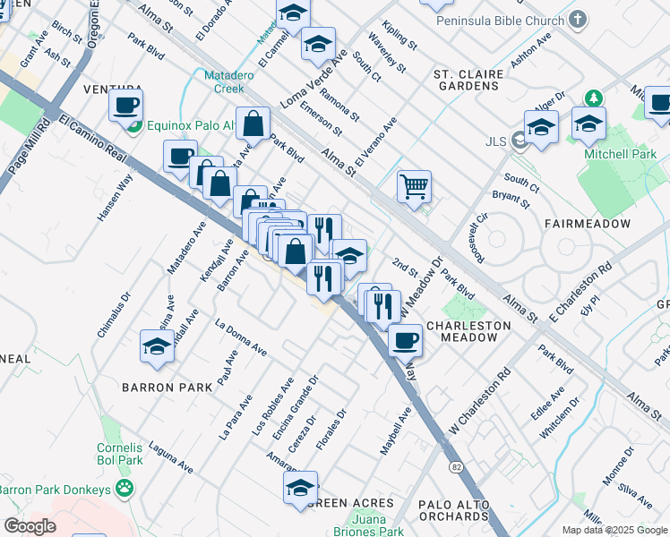 map of restaurants, bars, coffee shops, grocery stores, and more near 443 Ventura Avenue in Palo Alto