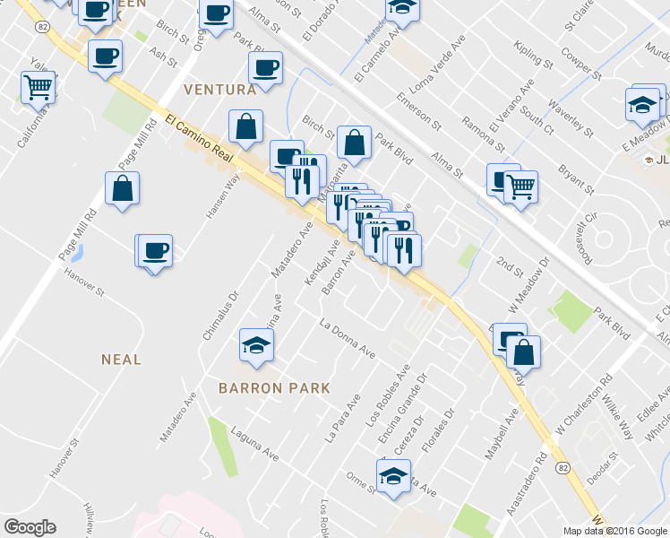 map of restaurants, bars, coffee shops, grocery stores, and more near 516 Barron Avenue in Palo Alto