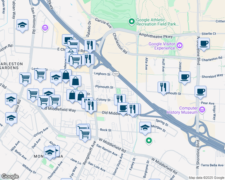 map of restaurants, bars, coffee shops, grocery stores, and more near 1951 Plymouth Street in Mountain View