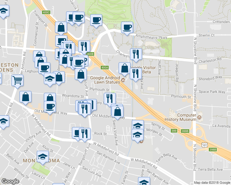 map of restaurants, bars, coffee shops, grocery stores, and more near 1950 Cambridge Drive in Mountain View