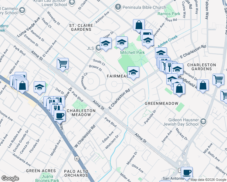 map of restaurants, bars, coffee shops, grocery stores, and more near 3773 Redwood Circle in Palo Alto