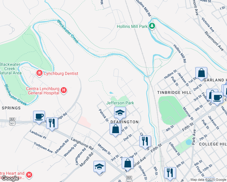 map of restaurants, bars, coffee shops, grocery stores, and more near 517 Stoneridge Street in Lynchburg