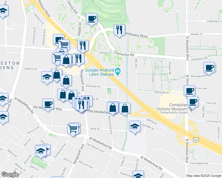 map of restaurants, bars, coffee shops, grocery stores, and more near 917 Sierra Vista Avenue in Mountain View
