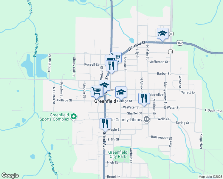 map of restaurants, bars, coffee shops, grocery stores, and more near 101-113 Martin St in Greenfield