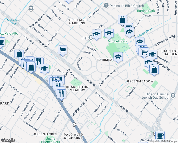 map of restaurants, bars, coffee shops, grocery stores, and more near 8 Roosevelt Circle in Palo Alto