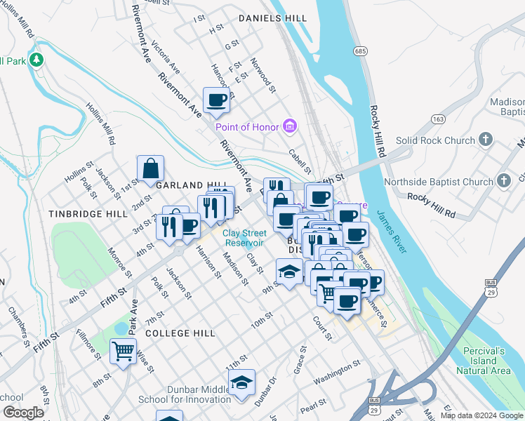 map of restaurants, bars, coffee shops, grocery stores, and more near 521 Church Street in Lynchburg