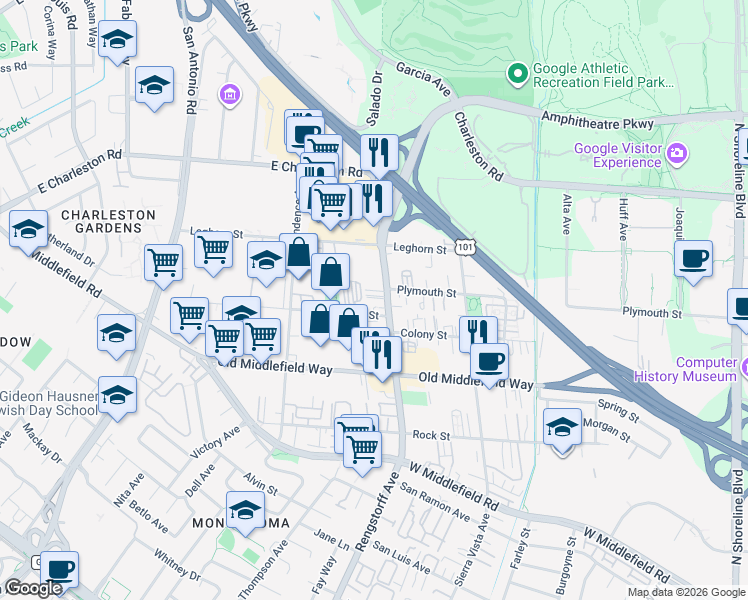 map of restaurants, bars, coffee shops, grocery stores, and more near 898 Rengstorff Avenue in Mountain View