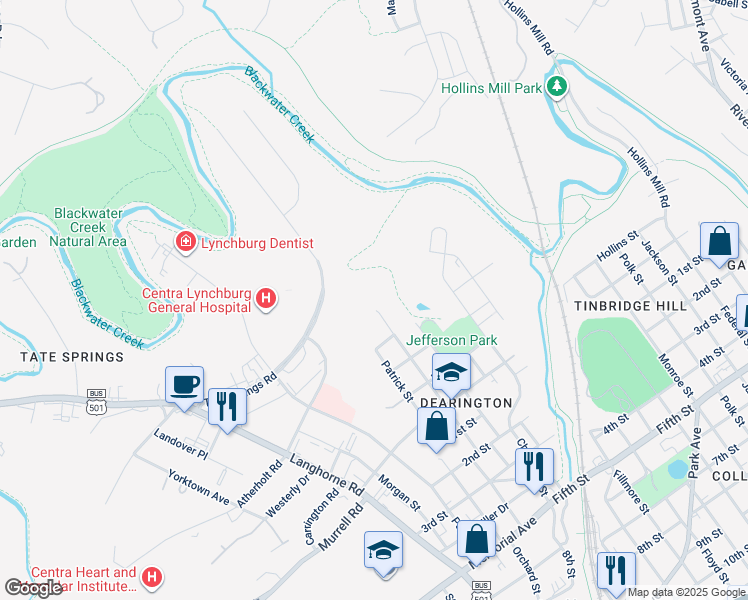 map of restaurants, bars, coffee shops, grocery stores, and more near 708 Smyth Street in Lynchburg