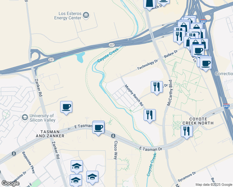 map of restaurants, bars, coffee shops, grocery stores, and more near 1216 Creekside Way in Milpitas
