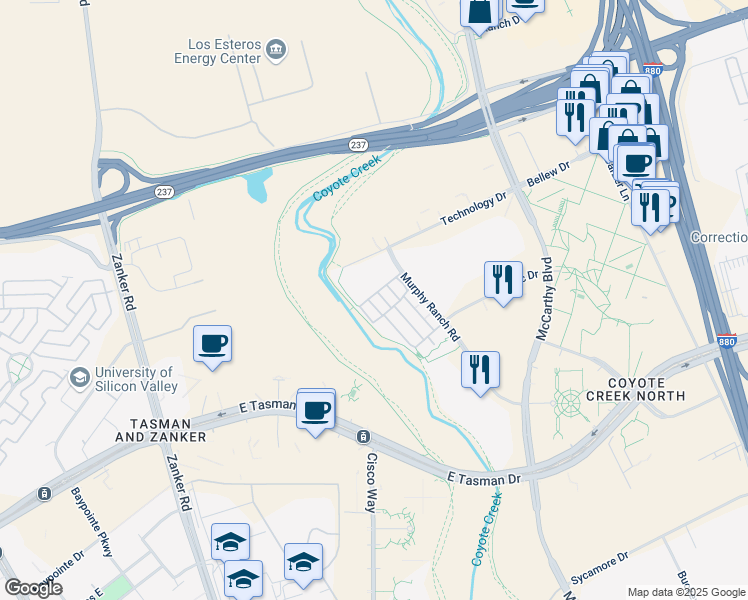 map of restaurants, bars, coffee shops, grocery stores, and more near 1216 Creekside Way in Milpitas