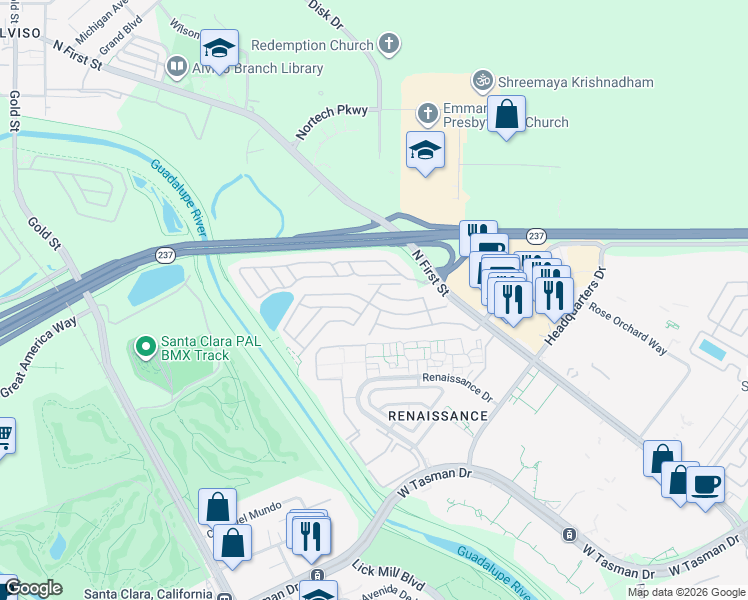map of restaurants, bars, coffee shops, grocery stores, and more near 341 Eucalyptus Drive in San Jose