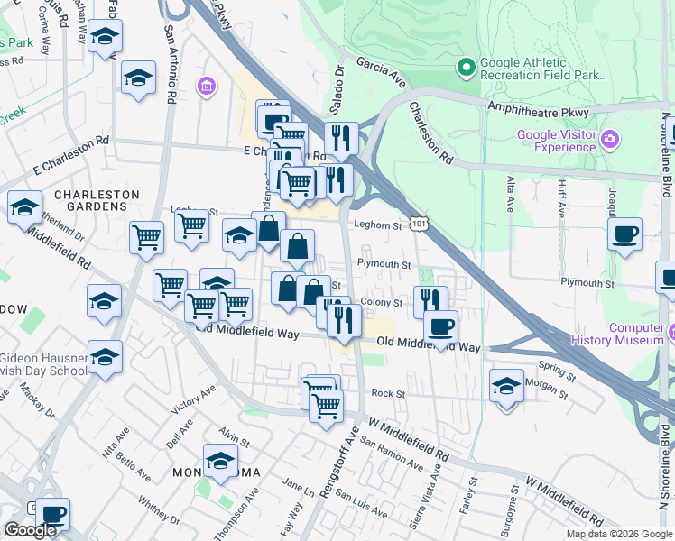 map of restaurants, bars, coffee shops, grocery stores, and more near 898 Rengstorff Avenue in Mountain View