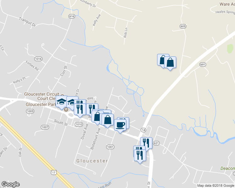 map of restaurants, bars, coffee shops, grocery stores, and more near 6699 Cox Avenue in Gloucester Courthouse