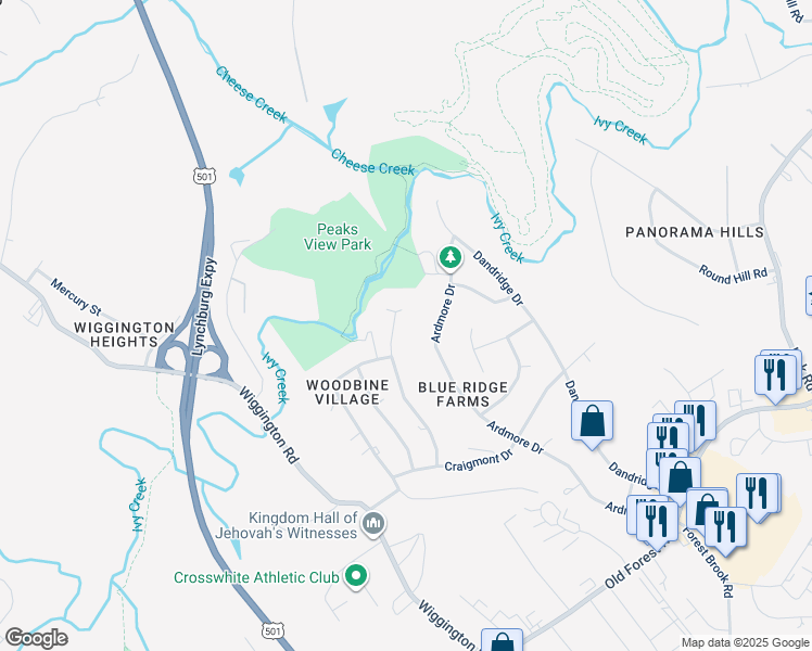 map of restaurants, bars, coffee shops, grocery stores, and more near 1509 Ramsgate Lane in Lynchburg