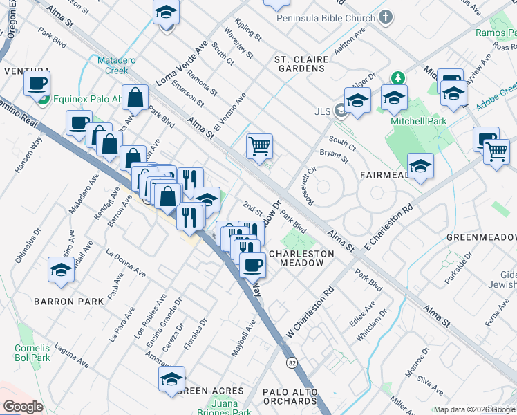 map of restaurants, bars, coffee shops, grocery stores, and more near 4065 2nd Street in Palo Alto