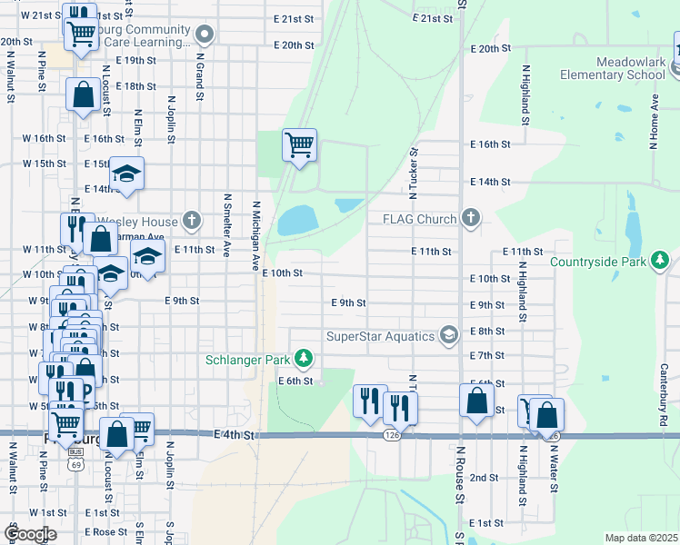 map of restaurants, bars, coffee shops, grocery stores, and more near 809 East 10th Street in Pittsburg