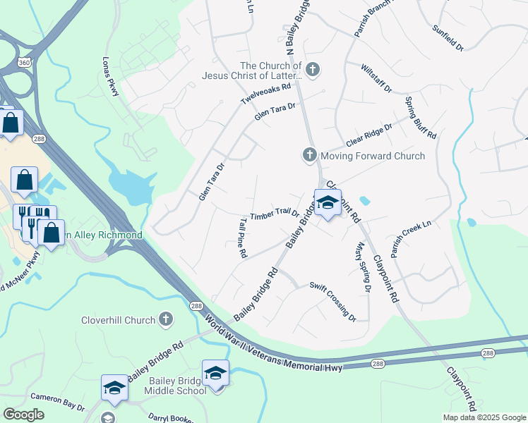 map of restaurants, bars, coffee shops, grocery stores, and more near 11936 Timber Trail Drive in Midlothian