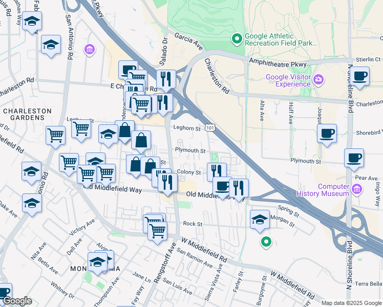 map of restaurants, bars, coffee shops, grocery stores, and more near 1993 Plymouth Street in Mountain View
