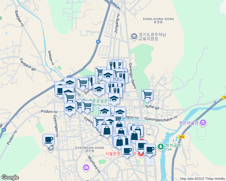 map of restaurants, bars, coffee shops, grocery stores, and more near in Gwangju-si