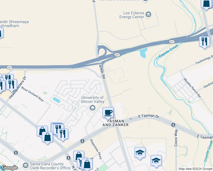 map of restaurants, bars, coffee shops, grocery stores, and more near 777 Spindrift Place in San Jose